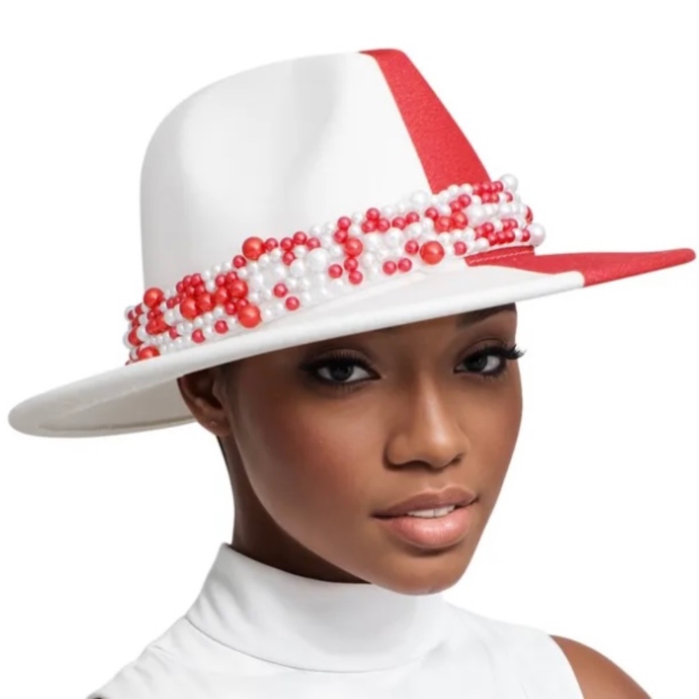 DST Sorority Red White Fedora Pearl Hat